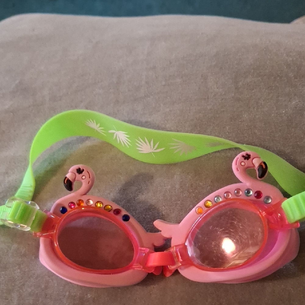 Flamingo Swim Goggles with Green Strap